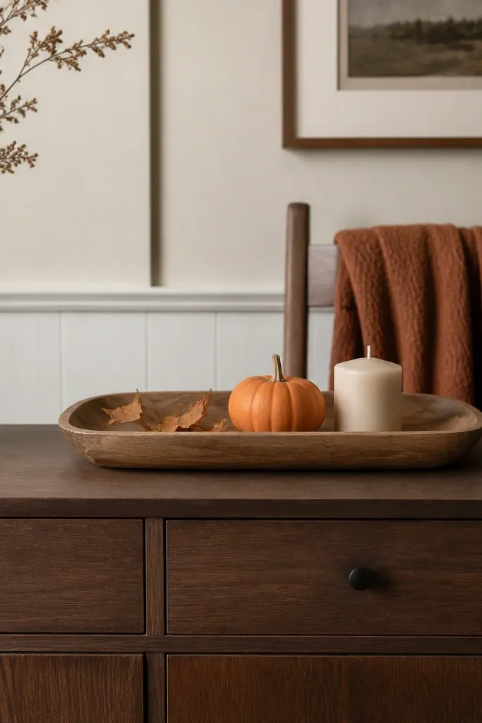 A sideboard with a wooden tray centered on top. Inside the tray: a small pumpkin, a couple of dried leaves, and a short candle. Behind it, a folded burnt orange throw hangs over a chair back.