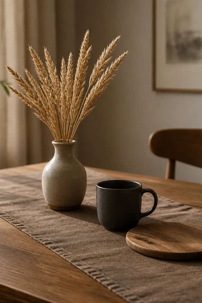 A dining or coffee table with a muted brown runner. A small vase holds dried wheat stalks. A dark ceramic mug and a wooden cutting board sit nearby.
