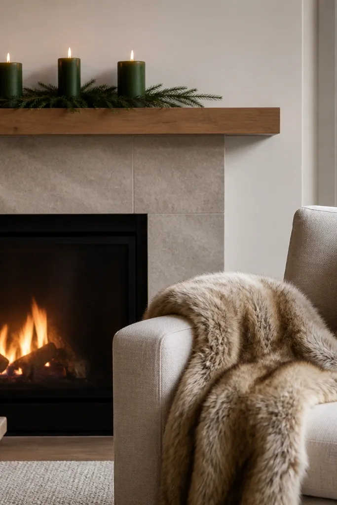 A couch next to a fireplace (or fireplace-style wall) with a faux fur throw draped over one arm. On a nearby mantel shelf, three dark green pillar candles sit in a row with a small evergreen sprig between them.