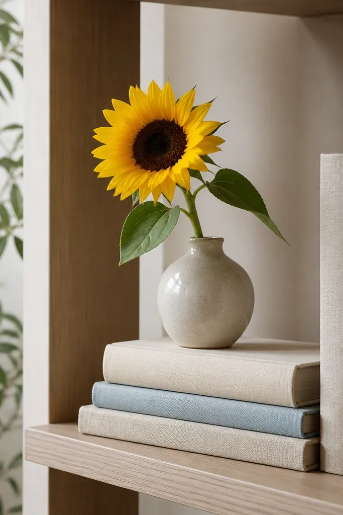 A bookshelf with a few books stacked horizontally. Linen book covers in cream and pale blue sit on top. A small ceramic vase holds a single sunflower with green leaves.