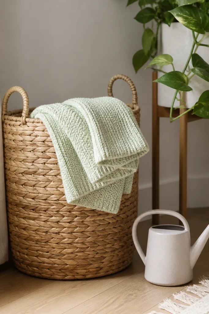 A floor corner with a tall woven basket near a plant stand. A pastel knit throw (light mint or pale yellow) is folded on the basket rim. A small ceramic watering can sits beside it.