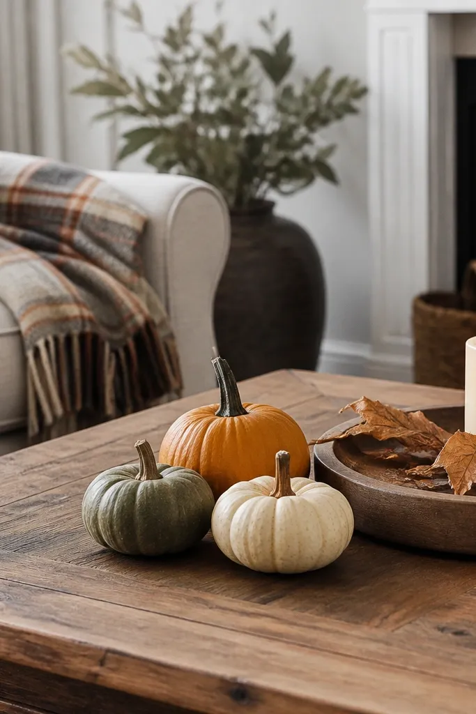 A coffee table with three small pumpkins in varying sizes. A wooden tray holds one candle and a few dried leaves. A plaid throw is folded on the chair arm in the background.