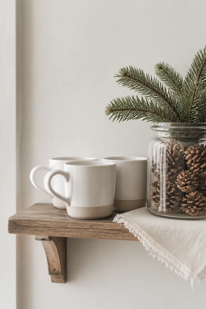 A small wall shelf with two or three white ceramic mugs. Next to them is a clear jar filled with pinecones and a small evergreen sprig. A folded cream cloth sits under the jar like a runner.