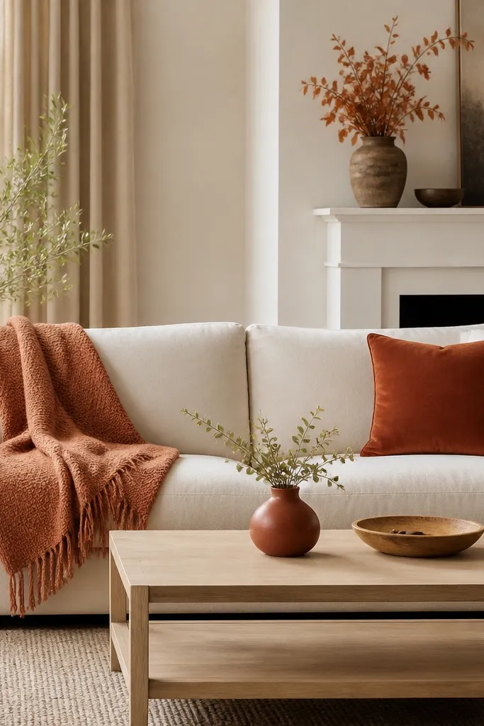 A living room with a cream couch and light wood coffee table. One seasonal throw is draped on the couch. Two small items repeat the seasonal color - a pillow and a small vase.