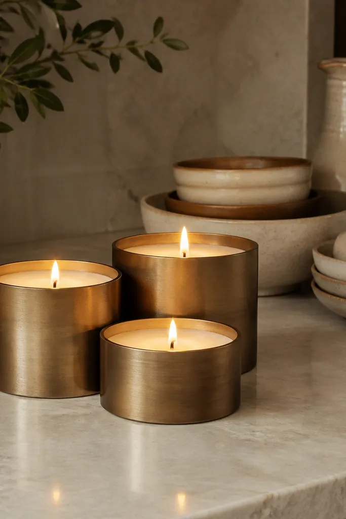 A kitchen counter with three grouped candles in bronze holders, warm glow reflecting on a pale countertop; behind them are stacked ceramic pieces in cream and tan.