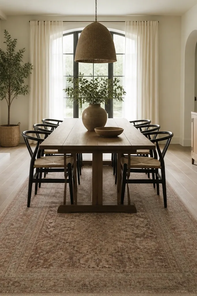 A long runner rug running straight in front of a dining table, with the table centered over the runner; the runner pattern is subtle and warm-toned.