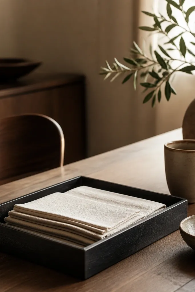 A dark rectangular tray on the dining table holding neatly folded cream napkins; nearby is a small bowl and a cup with warm lighting.