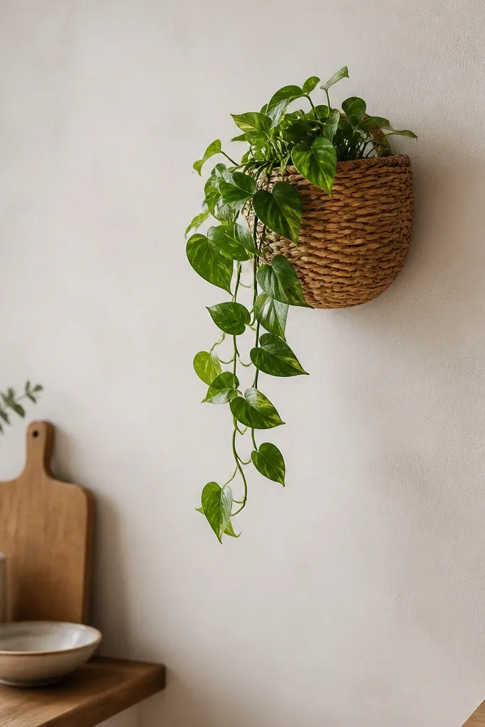 A woven basket mounted on the kitchen wall with a single trailing plant draped downward; the wall area around it is mostly clear.