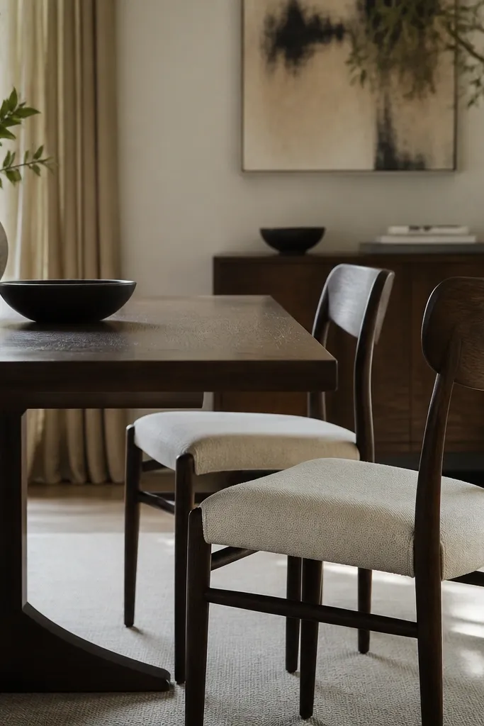 A dining table with two or more dark wood chairs, each chair having light cushions; the cushions are pale and slightly textured.