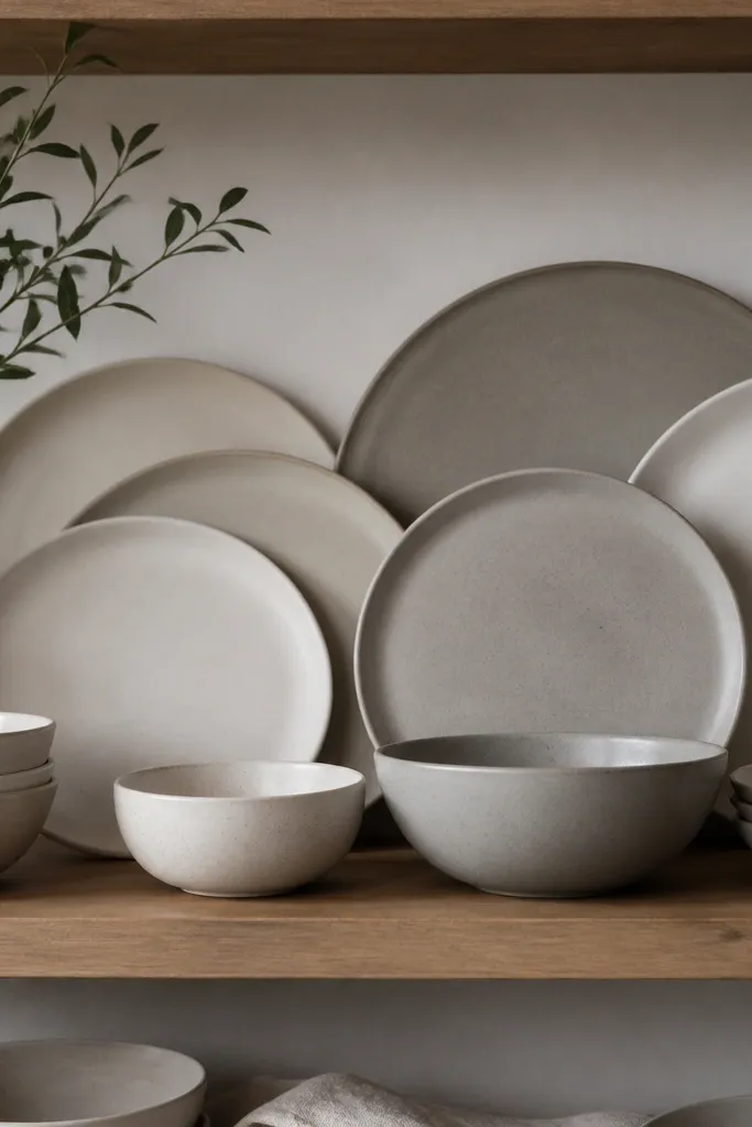 A shelf with matte ceramic plates arranged in a staggered pattern, with a few bowls set in front; colors are mostly white, cream, and warm gray.