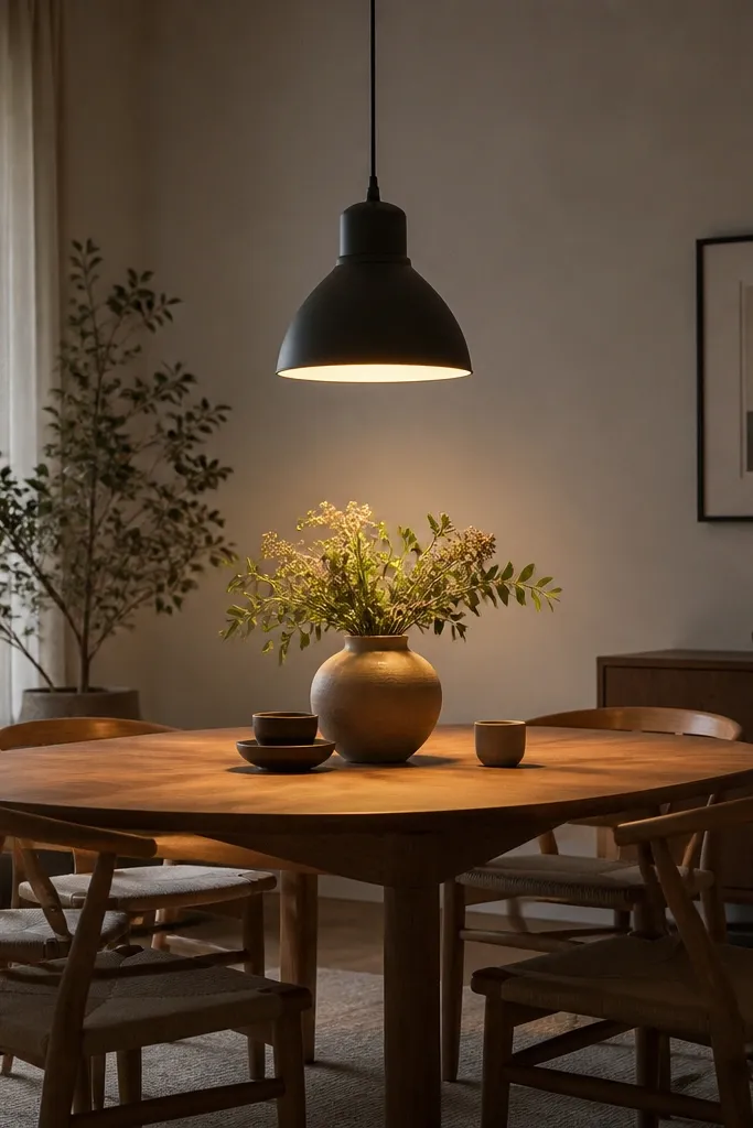 A dark pendant lamp hanging above the dining table, casting a warm pool of light; the table centerpiece sits right under the glow.