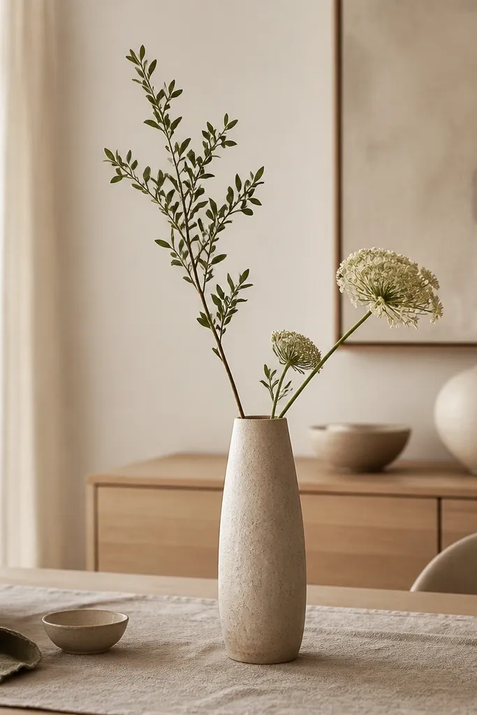A dining table centerpiece showing one tall vase with two short sprigs or flowers, arranged asymmetrically; background shows neutral ceramics.
