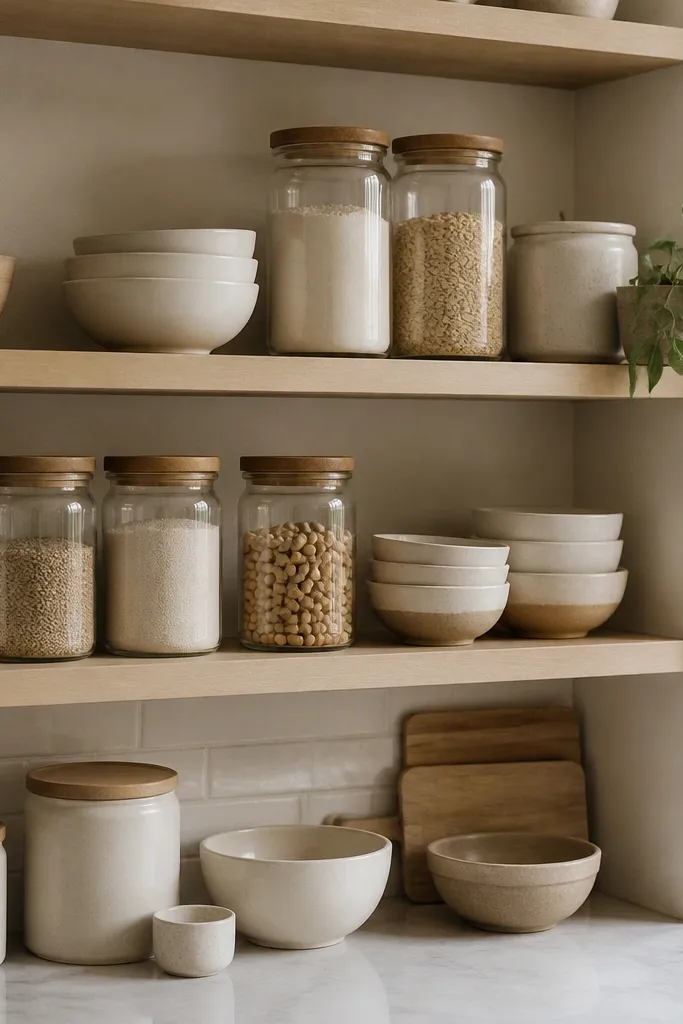 An open kitchen shelf with jars in salt-white and oat tones, arranged with a few stacked bowls and a single small plant on the corner.