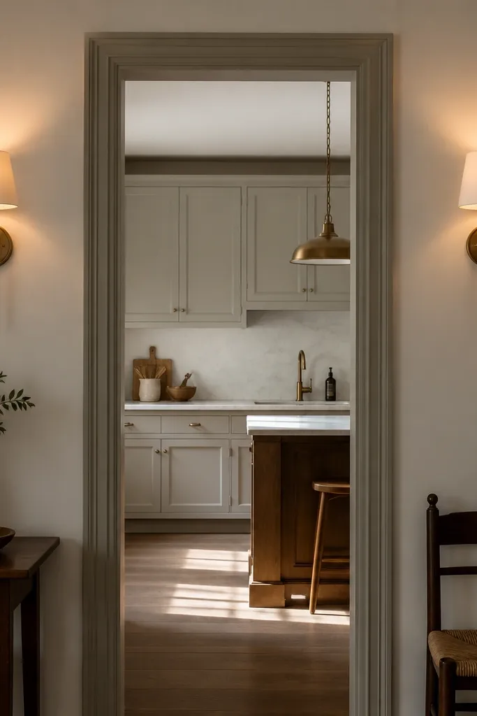 Two wall sconces on either side of a kitchen doorway, mounted at the same height, with warm light glow.