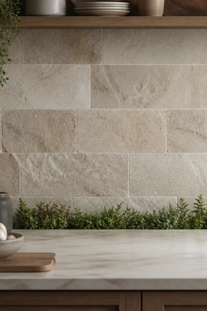 A kitchen wall section styled with stone-like tiles behind a counter, with a thin line of small herbs or green decor along the edge.