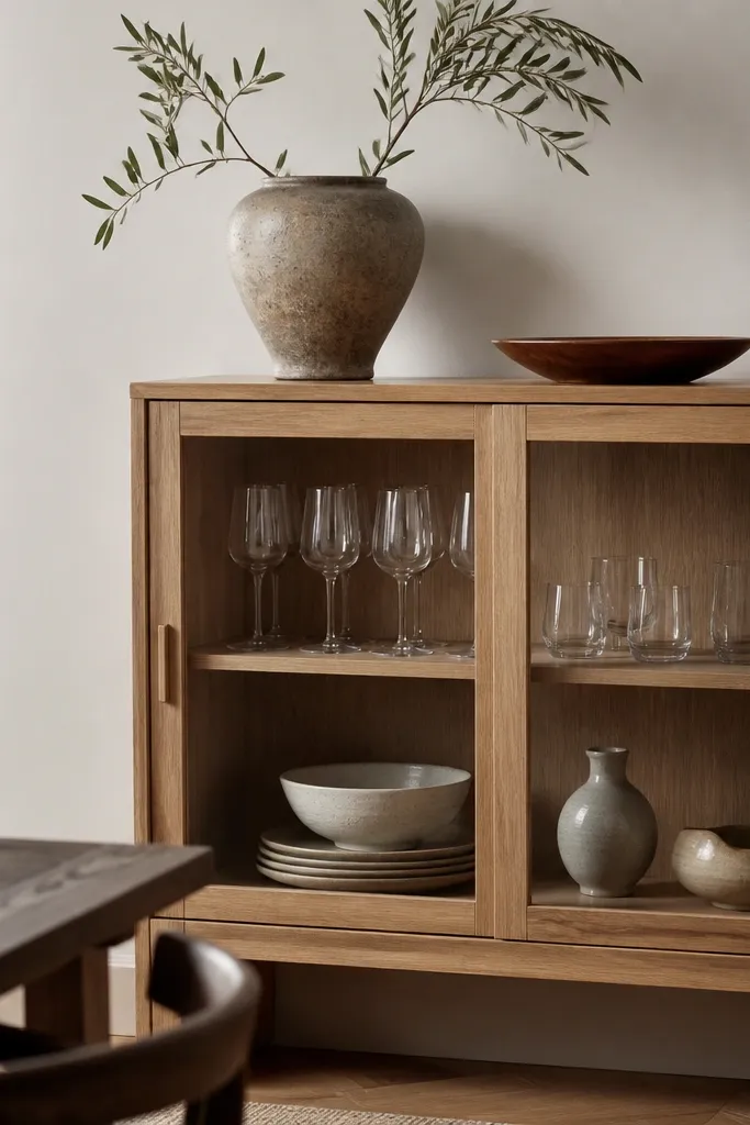 A dining side cabinet with glass-looking cups on the top shelf, a few ceramics below, and one dark accent book or box on the corner.