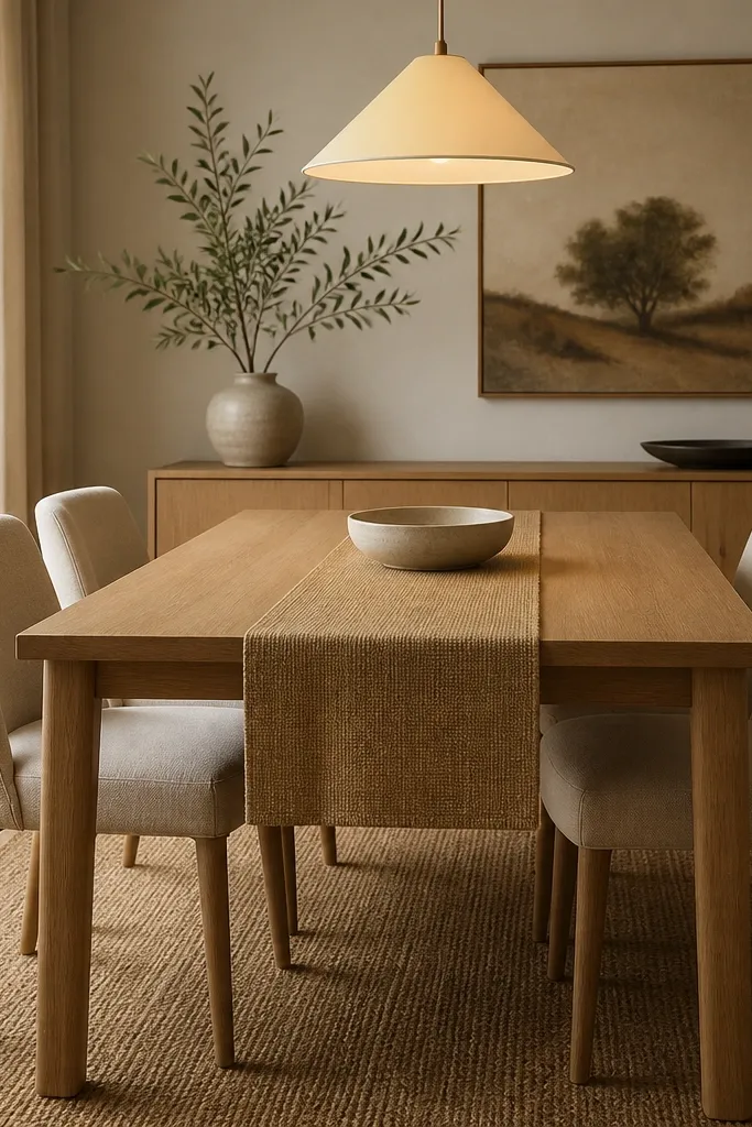A modern dining set with a rectangular light oak table, four simple chairs in oatmeal fabric, and a runner in muted wheat. A small ceramic bowl sits centered, and a warm pendant light glows above.