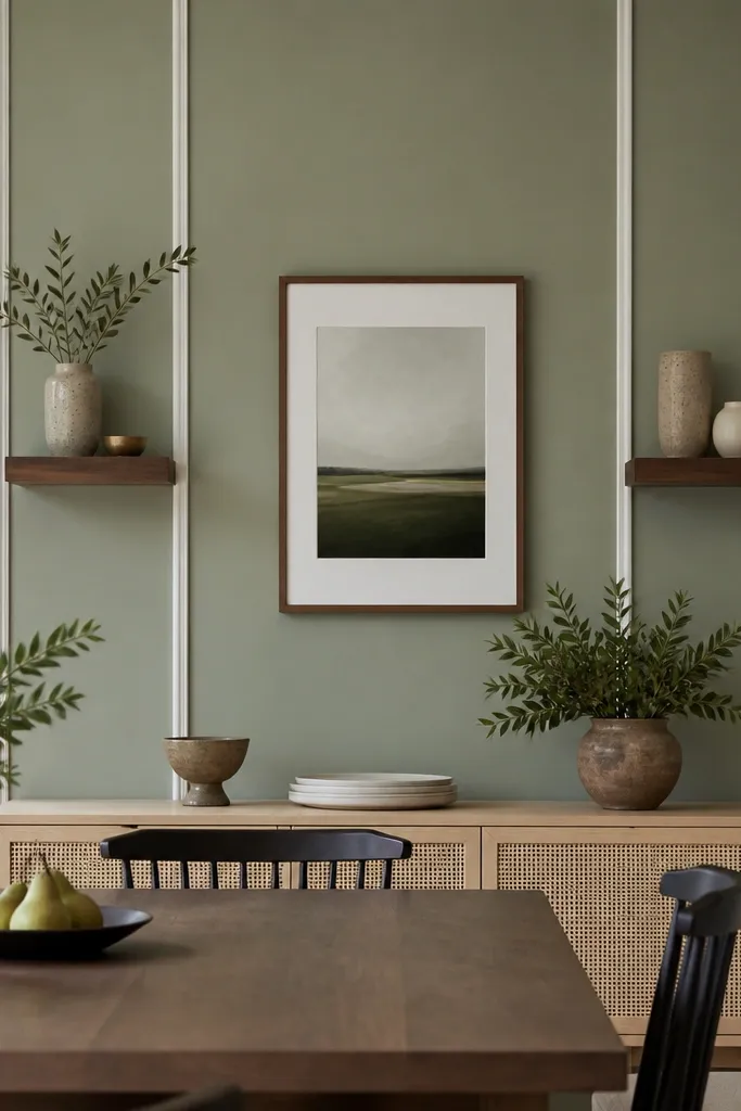A dining room wall painted a soft sage-green with vertical trim lines in warm white, plus a simple framed art piece between two small shelves.