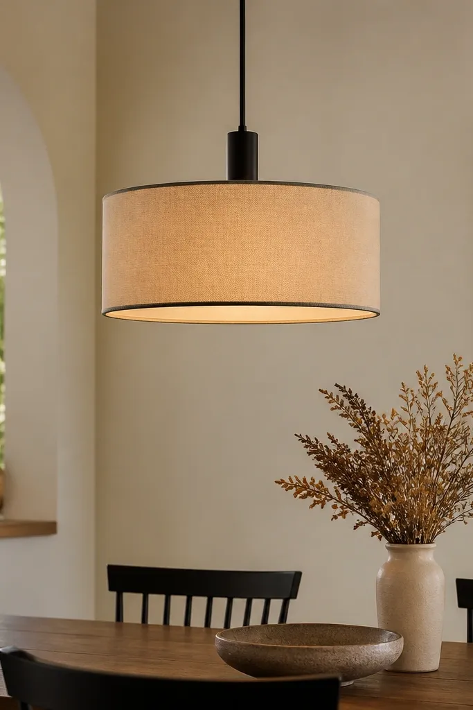 A matte black pendant light with a linen drum shade hanging over a dining table, casting a warm amber glow. The walls are light cream and there's a small dried-flower arrangement nearby.