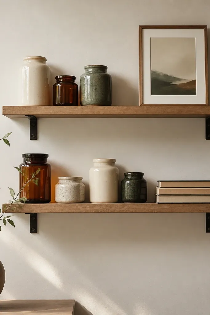 Two narrow shelves on matte black brackets. The shelves hold neatly spaced jars in cream, amber, and muted green, plus a small stack of books and a single framed print.