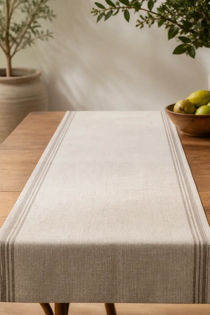 A cream linen dining runner with a thin muted stripe border laid down the center of a table. The runner looks slightly textured and sits straight with crisp edges.