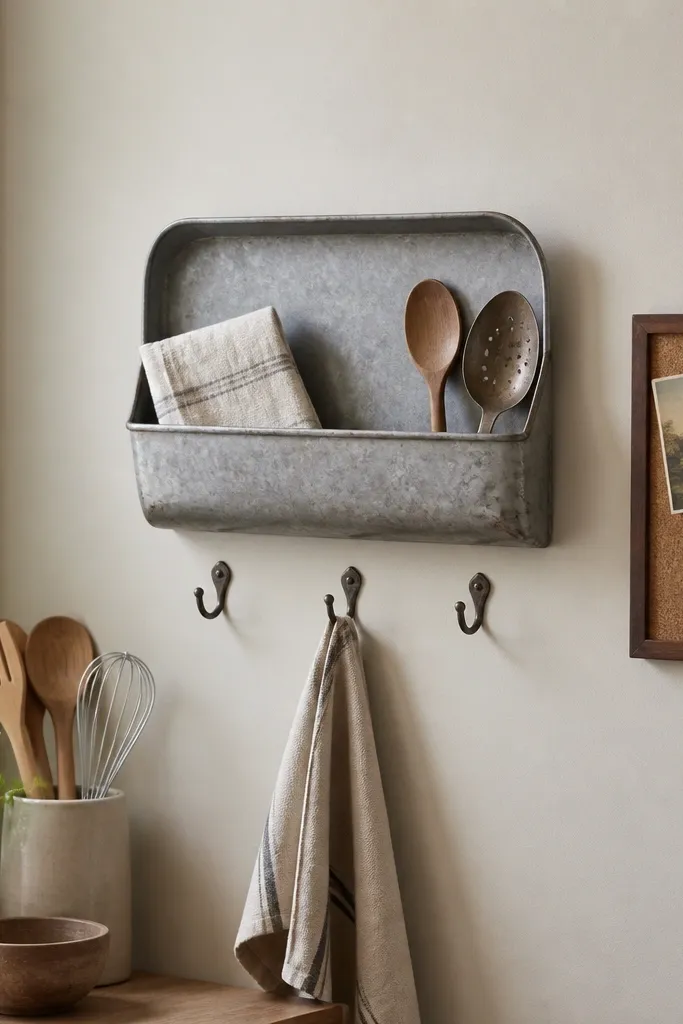 A large galvanized metal tray mounted on the wall with three small hooks underneath, holding a folded dish towel and a couple of utensils. Nearby is a small corkboard with notes.