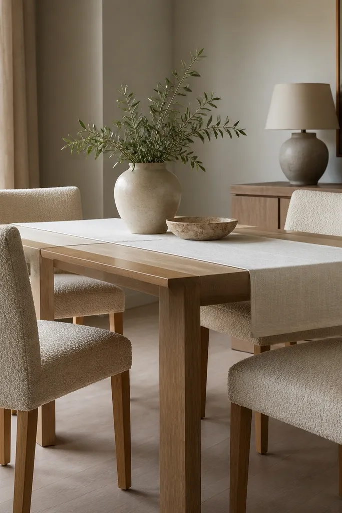 Four dining chairs with oatmeal boucle upholstery and straight, simple wooden legs. The chairs sit around a light wood table with a cream runner.