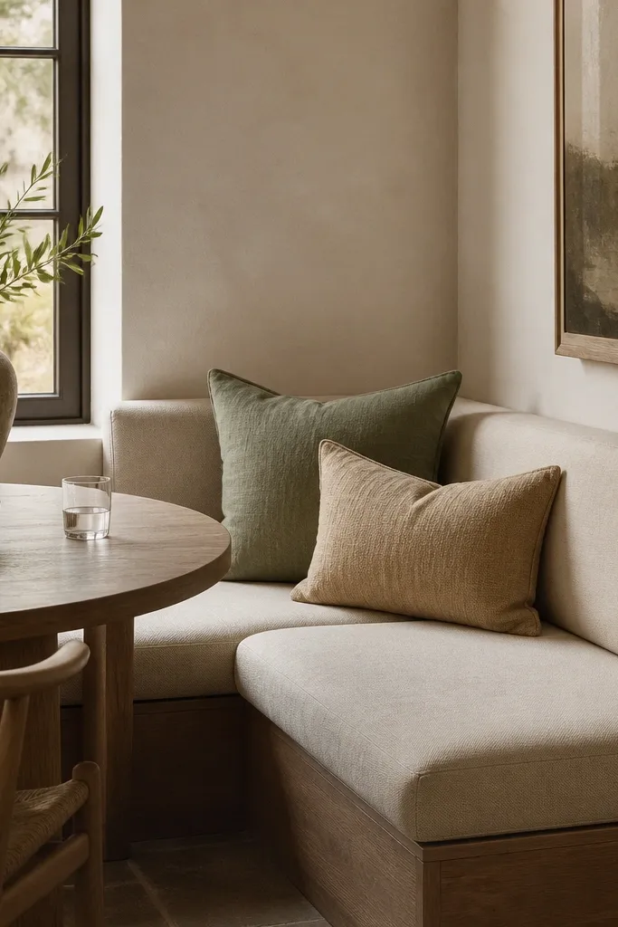 A built-in style corner banquette with warm cream fabric and a low back, a small table nearby, and a couple of matching throw pillows in sage and tan.