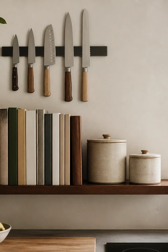 A kitchen/dining wall with a slim magnetic knife rail and a row of cookbooks standing upright on a narrow shelf. The shelf holds two ceramic canisters.
