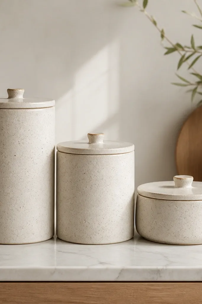 Three ceramic canisters on a counter: one tall, one medium, one squat. They are all in soft cream with speckled texture and matching lids.