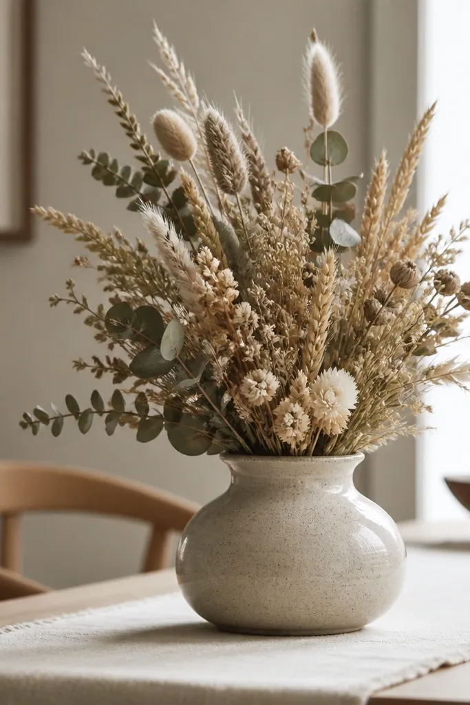 A short squat ceramic vase holding dried flowers and grasses in pale wheat, tan, and muted green. It sits on a dining table runner near the edge.
