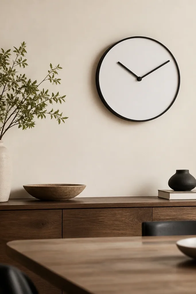 A matte white wall clock with simple black hands and a thin black frame hung above a dining sideboard. The wall is warm cream.