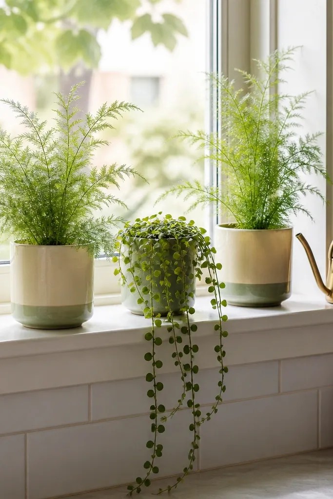 A kitchen window sill lined with three small ceramic planters in cream and muted sage. Two pots hold feathery fern-like plants, and one pot holds a trailing vine that drapes over the edge. Outside the window is bright daylight; inside, there's a small brass watering can beside the pots.
