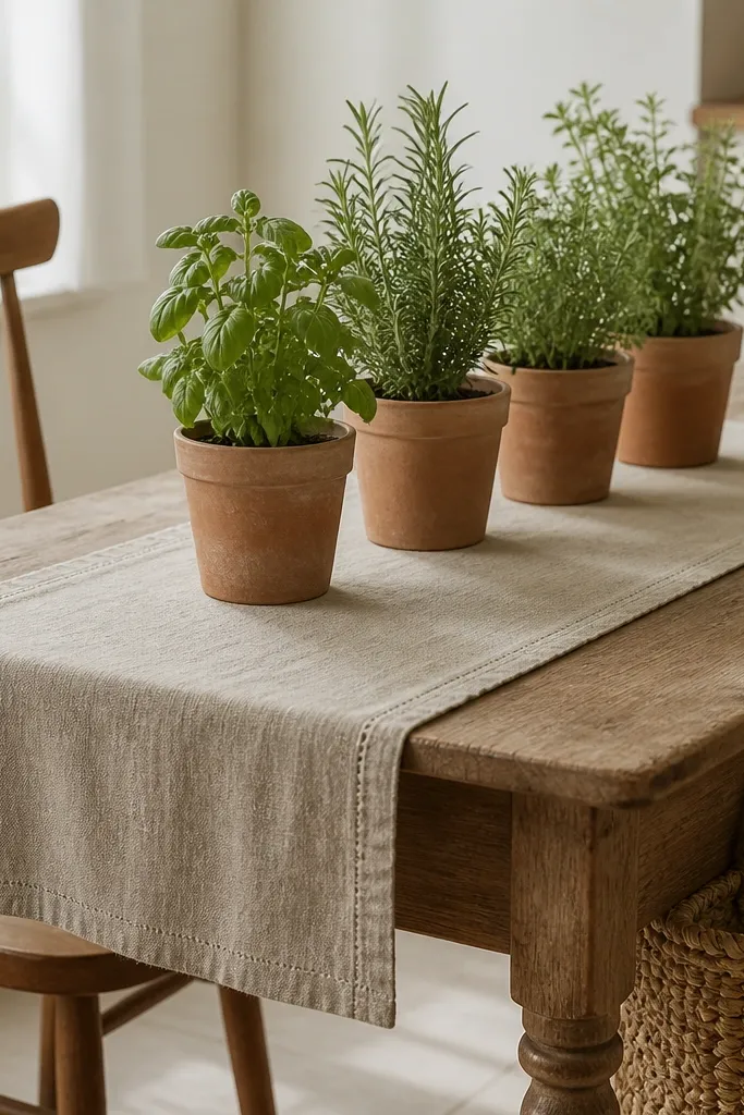 A small dining table with a natural linen runner. Along the table center sit four terracotta pots holding small herbs with upright stems. A wooden chair is visible, and a woven basket sits under the table edge.