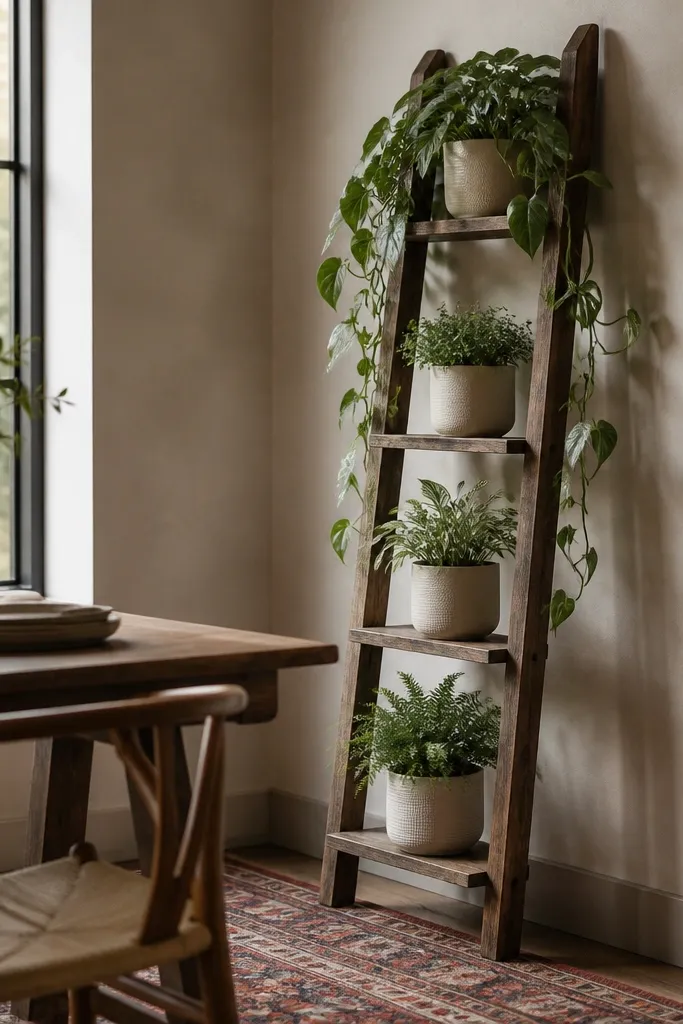 A narrow wooden ladder-style shelf in the dining corner. On the steps are small cream planters; from the top rung a vine hangs down, and its leaves overlap the shelf edges. A patterned rug in muted reds lies under the shelf.