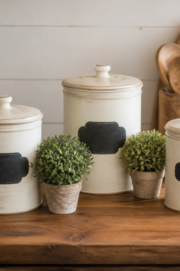 On a warm wood kitchen counter are three vintage-style canisters with chalky labels. Between them sit two tiny pots with dense leafy plants. A small wooden spoon holder is in the background.
