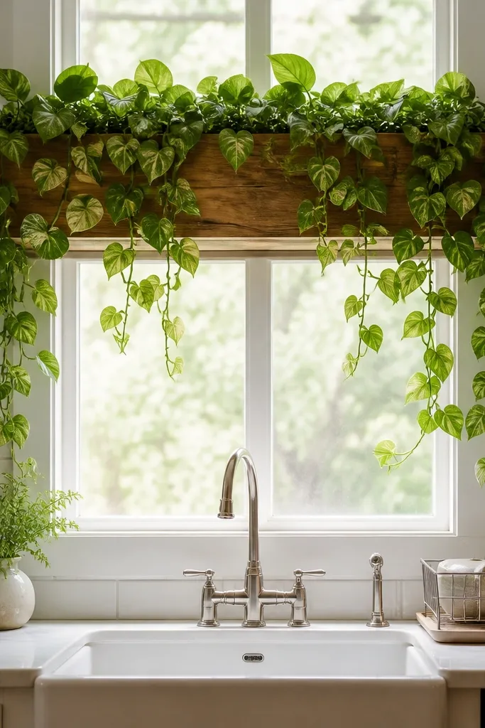 An over-sink window with a long wooden or faux-wood window box. Inside the box, a trailing pothos spills down in thick strands. The sink is white ceramic, and a small dish rack sits below the window.