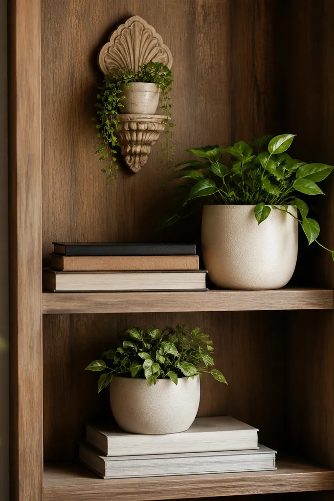 A wooden bookcase with two open shelves. On each shelf are books stacked horizontally, and in front of the books sit medium planters in cream. On the top shelf, a small plant sits inside a decorative wall sconce-style holder.