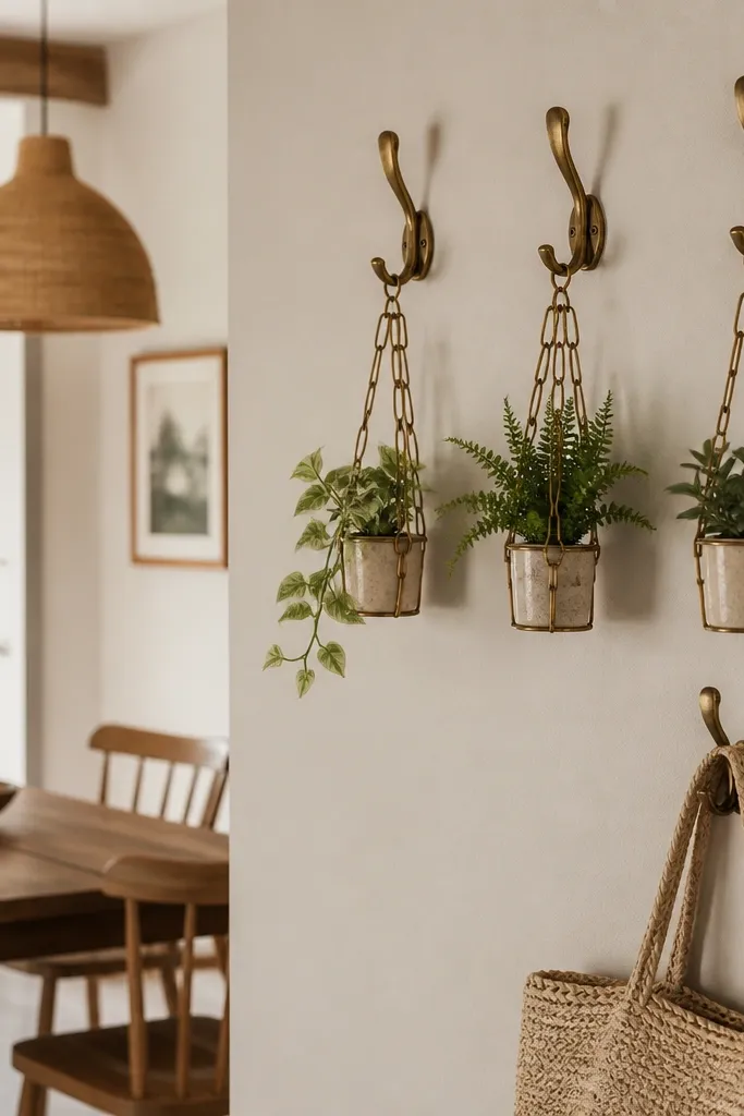 A wall near the dining area has three aged brass hooks. Hanging from them are small plant holders with tiny pots, each holding a different plant. A woven bag hangs on a lower hook.