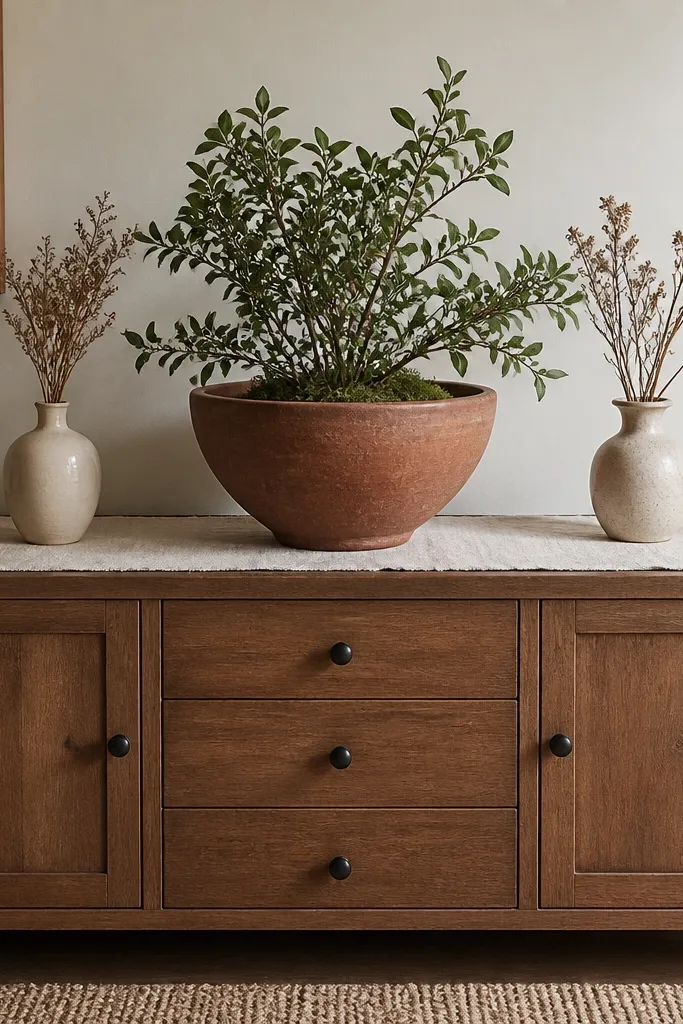 A wooden sideboard with a cream table runner. Centered on top is a large terracotta planter bowl with a medium plant. Flanking it are two smaller ceramic vases with dried stems.