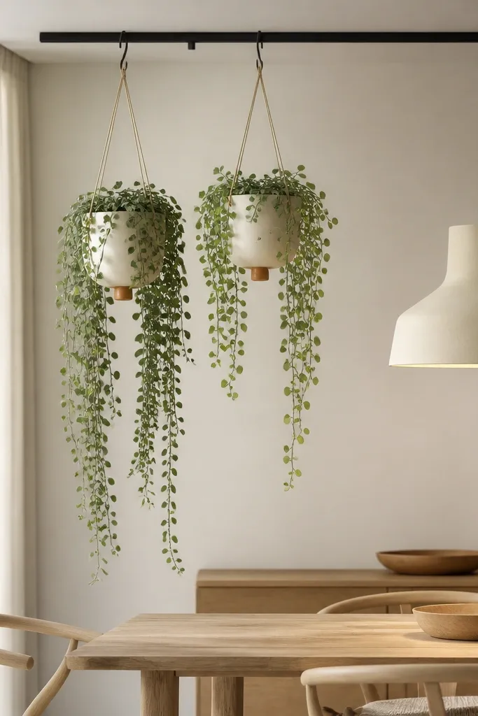 A simple ceiling rail holds two hanging planters. The plants trail down in thick strands, and the pots are matte cream with small terracotta accents. A dining light hangs nearby.