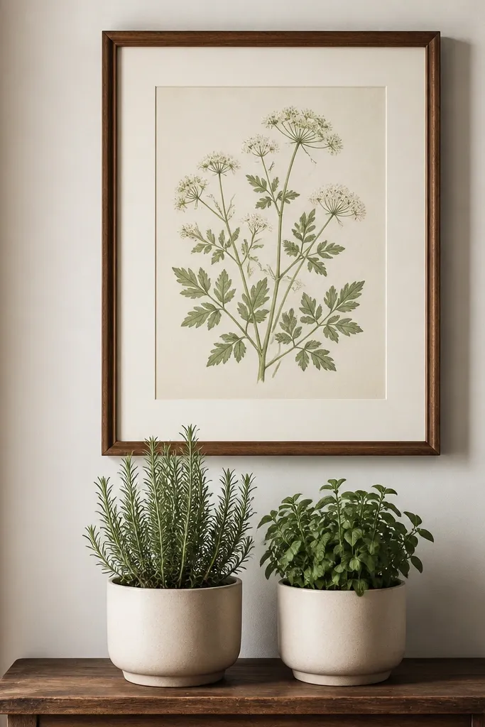 A framed botanical print set above a small table. Below the frame, two matching planters sit side by side, one with an herb and one with a compact leafy plant. The planters match the frame's cream matting.