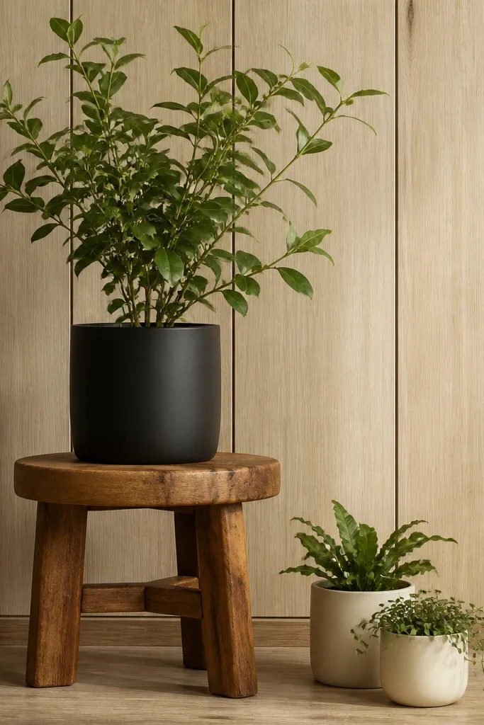 A warm wood stool holds a medium matte black pot with a tall leafy plant. Next to it on the floor are two smaller cream pots. The backdrop is a light wood wall paneling.