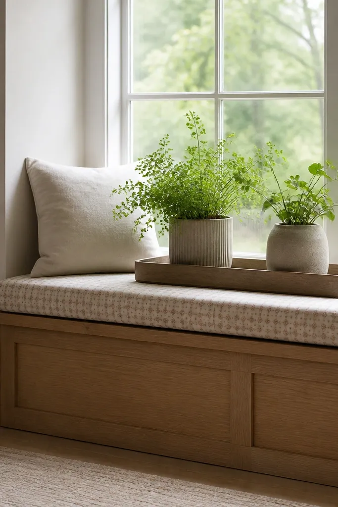 A window seat bench with a light cushion and a wooden front panel. On top sits a long plant tray holding two medium planters. The cushion has small check or subtle floral pattern.