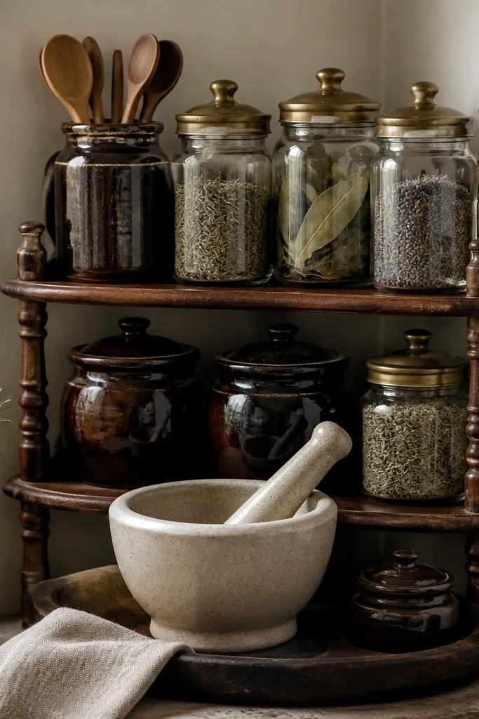 A small kitchen corner shelf with three tiers. Behind are dark brown ceramic crocks and clear glass jars with aged brass lids. Dried rosemary, bay leaves, and lavender sit in labeled jars with twine. In front, a speckled stoneware mortar and pestle rest on a dark wood tray.