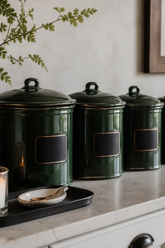 A row of deep forest-green enamel canisters lined up on a counter. Each canister has a black rectangular label with hand-written text. A few canisters have slightly worn enamel edges. A small black tray holds a spoon rest and a single candle in a glass cup.