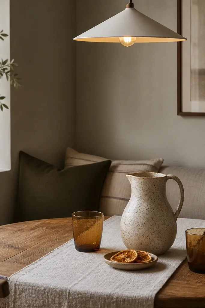 A dining nook table with a speckled stoneware pitcher, two amber glass tumblers, and a small dish of dried orange slices. A linen runner runs down the center. Above, a simple pendant light glows warm over the setup.