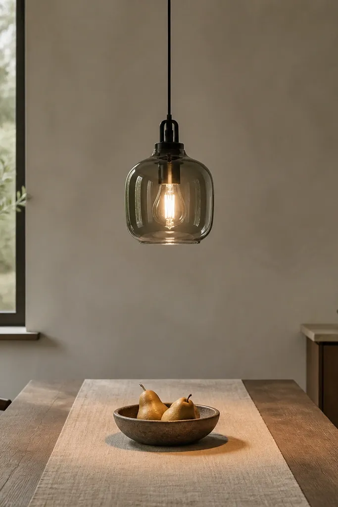 A single pendant above the kitchen table with a smoke-colored glass shade. The bulb glows warmly. The surrounding wall is neutral, and the light creates a soft circle on a linen runner.