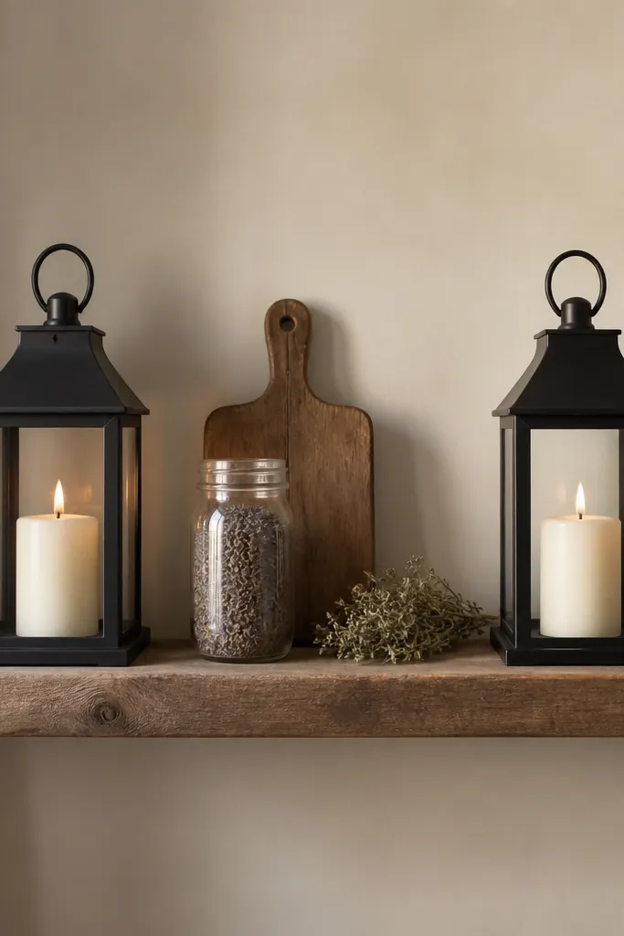 A narrow shelf with two black metal lanterns. Inside each lantern is a pillar candle. Between them sits a small wooden cutting board and a jar of dried herbs. The shelf background is a warm neutral wall.