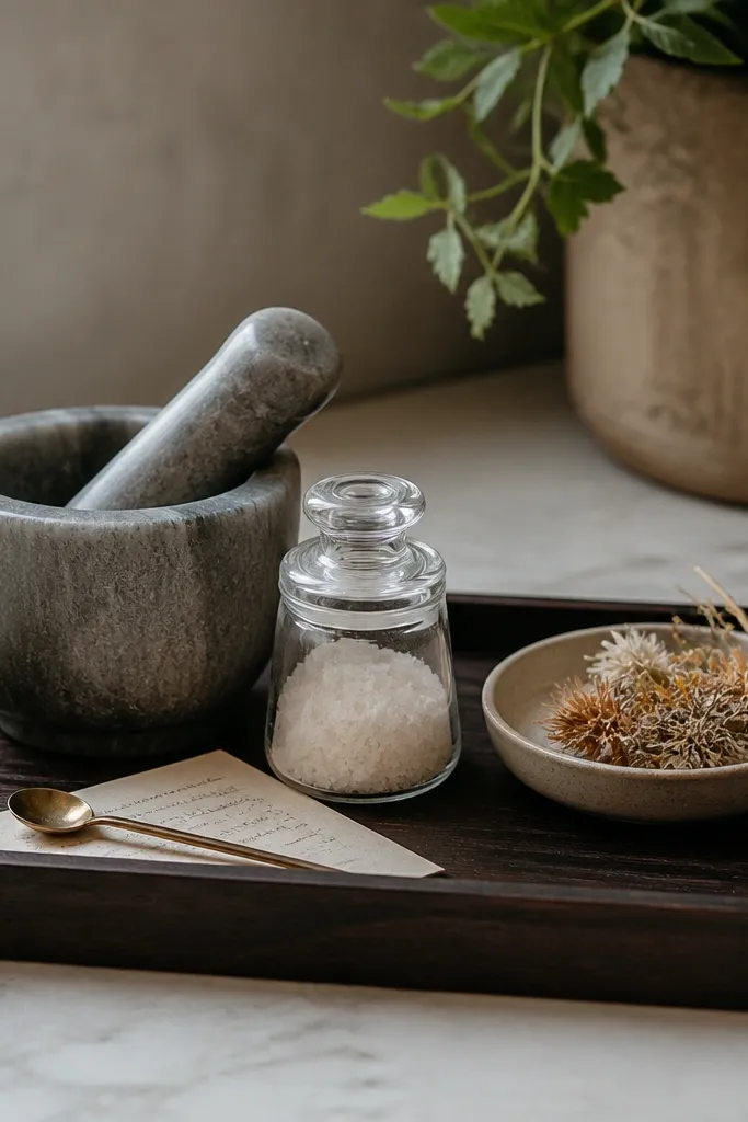 A dark wood tray on the counter holding a gray mortar and pestle, a small glass jar with salt, and a shallow dish with dried flowers. There's a tiny spoon and a handwritten card tucked under the jar.